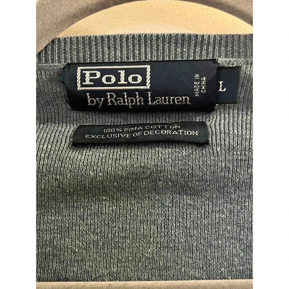 Polo By Ralph Lauren‎ Pullover Sweater Men L Grey Long Sleeve V-Neck Pima Cotton